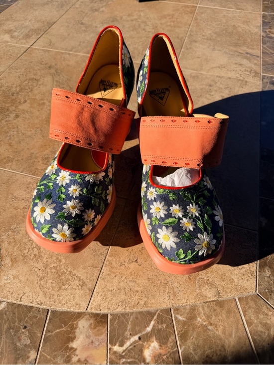 John Fluevog Shoes - John Fluevog Navy Floral Daisy Mary Janes with Coral Strap